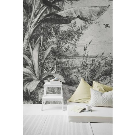 Papier peint panoramique Jungle sauvage 280 x 250cm Noir, Blanc - Noir blanc