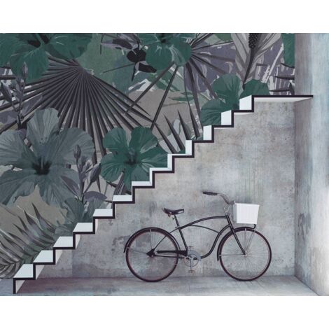 Papier peint panoramique jungle vert beige salon | Tapisserie panoramique floral hibiscus idéal hôtel | Papier peint panoramique aquarelle zen nature - 270 x 400 cm (4 pièces)