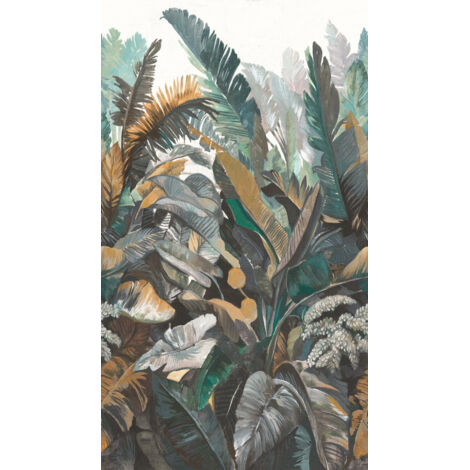 papier peint panoramique jungle vert, marron, gris et blanc  - Livingwalls