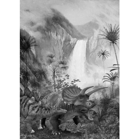 Papier peint panoramique Jurassic Waterfall - 200 x 280 cm de Komar - noir et blanc