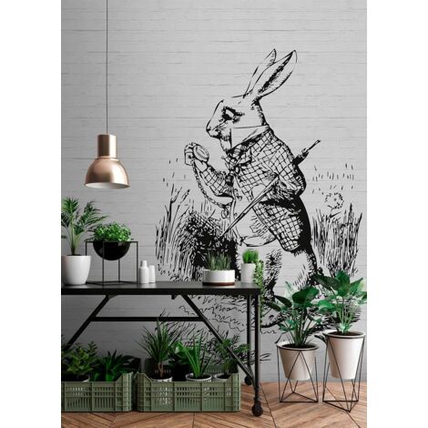 Papier peint panoramique lapin noir & blanc | Tapisserie panoramique animaux effet dessin | Papier peint panoramique chambre enfant moderne - 270 x 400 cm (4 pièces)