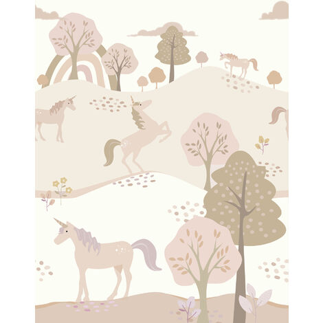 papier peint panoramique licornes beige et rose clair  - ESTAhome
