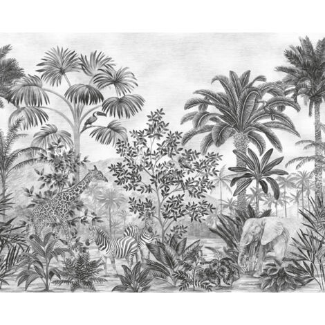 Papier peint panoramique méditerranéen – Design jungle avec zèbre, rhinocéros et girafe – Largeur 350 cm, hauteur 280 cm – Intissé, impression numérique – Komar
