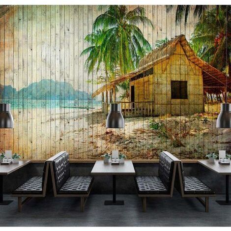 Papier peint panoramique mer avec cabane & palmier Tapisserie panoramique plage effet bois Papier peint panoramique idéal salle de bain & salon