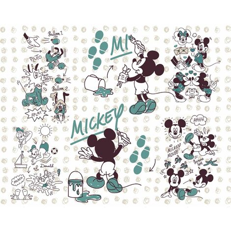 papier peint panoramique Mickey Mouse vert menthe et couleur sable  - Disney