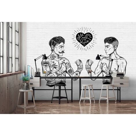 Papier peint panoramique moderne noir & blanc | Tapisserie panoramique fond imitation brique tendance | Papier peint panoramique amour idéal pour salon - 270 x 400 cm (4 pièces)