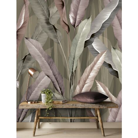 Papier peint panoramique Mur De Grandes Feuilles 280 x 200cm Vert, bleu