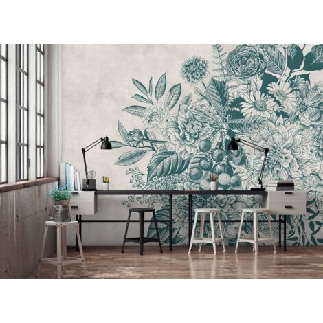 Papier peint panoramique nature à motifs vintage | Tapisserie panoramique bleu et beige idéal chambre adulte | Papier peint panoramique floral zen - 270 x 400 cm (4 pièces)
