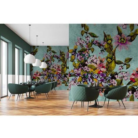 Papier peint panoramique nature bleu et vert Tapisserie panoramique floral pour salon zen Papier peint panoramique tendance idéal salle à manger