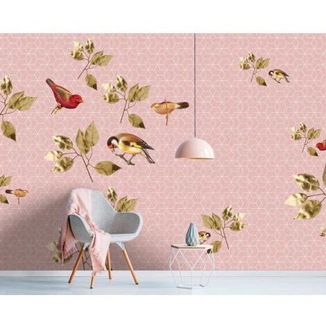 Papier peint panoramique nature pour chambre Tapisserie panoramique oiseaux pour bureau Papier peint panoramique nature rose motif géométrique