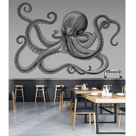 Papier peint panoramique noir et blanc tendance Tapisserie panoramique animaux pieuvre Papier peint panoramique restaurant et salle à manger