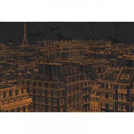 Papier peint panoramique noir & orange ville Tapisserie panoramique noire graphique toits de Paris Papier peint panoramique tour Eiffel pour salon