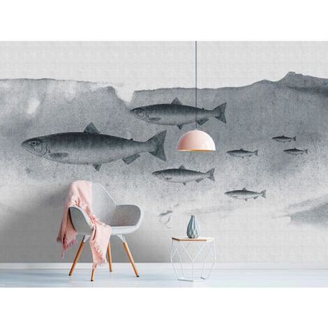 Papier peint panoramique océan gris Tapisserie panoramique animaux grise pour couloir Papier peint panoramique salle de bain avec poisson