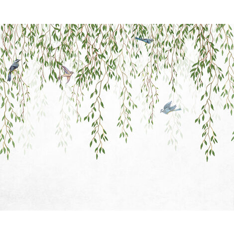 Papier peint panoramique oiseaux dans la nature – Vert et bleu – Dimensions 3,5 x 2,79 m – Intissé facile à poser – Écologique certifié FSC