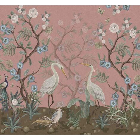 Papier peint panoramique oiseaux de grue - 2.5 x 2.79 m de ESTAhome - vieux rose