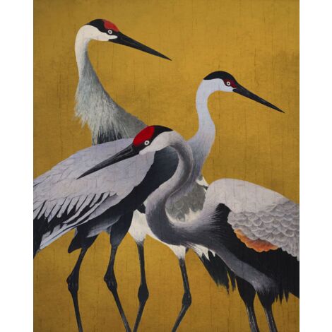papier peint panoramique oiseaux de grue jaune ocre, noir et blanc et rouge  - Komar