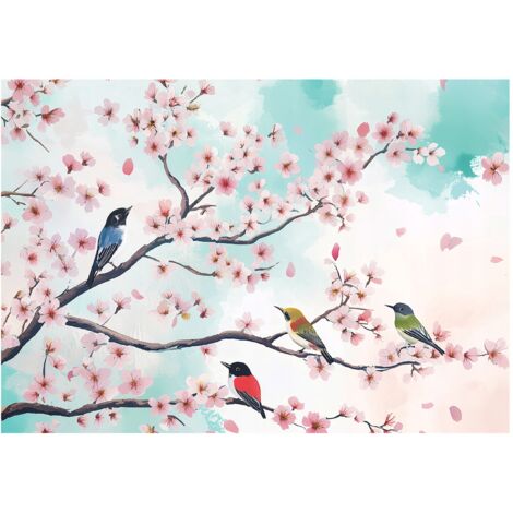Papier peint panoramique oiseaux fleurs de cerisier branches 200x140 cm mural salon chambre déco murale