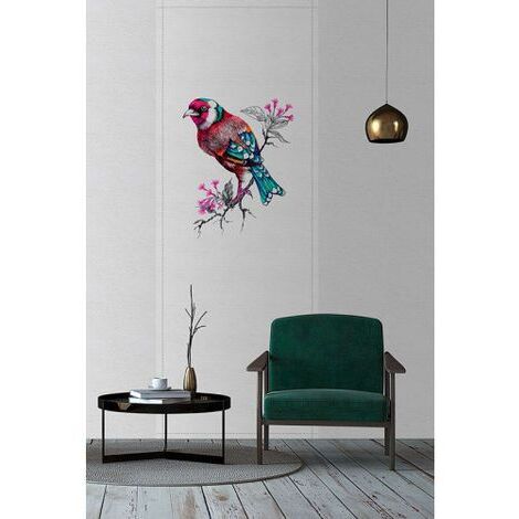 Papier peint panoramique oiseaux turquoise & rose Tapisserie panoramique animaux effet textile Papier peint panoramique bureau & cuisine