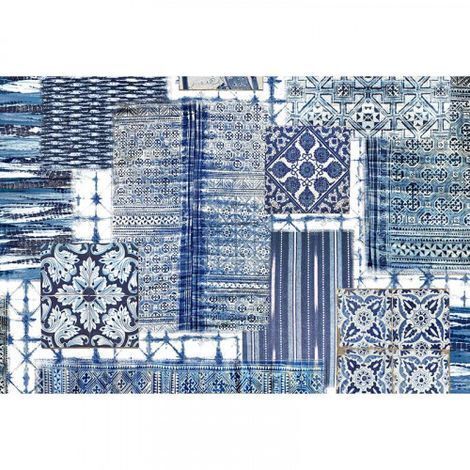 Papier peint panoramique oriental bleu & blanc Tapisserie panoramique blanche & bleu patchwork Papier peint panoramique cuisine carreaux de ciment