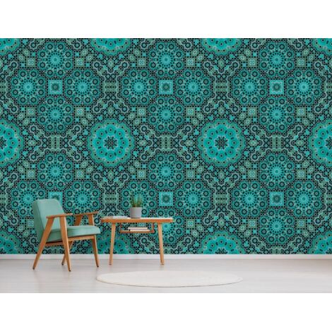 Papier peint panoramique oriental turquoise | Tapisserie panoramique motif mandala | Papier peint panoramique idéale salle de bain & cuisine - 270 x 400 cm (4 pièces)