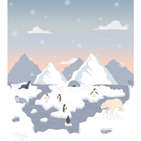 papier peint panoramique ours polaires, pingouins et phoques dans la neige bleu et blanc  - ESTAhome