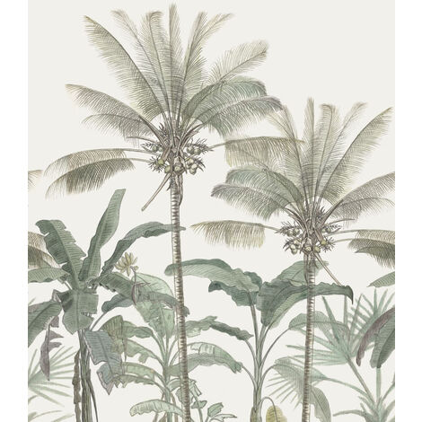 Papier peint panoramique palmiers - 200 x 279 cm de ESTAhome - beige clair et vert grisé