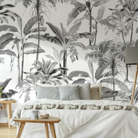 Papier peint panoramique Palmiers Milou 300 x 280cm Noir, Blanc - gris blanc