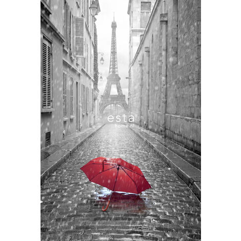 Papier peint panoramique Paris noir et blanc avec parapluie rouge - 1,86 x 2,79 m de ESTAhome - gris et rouge
