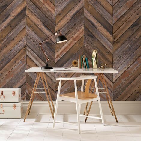 Papier peint panoramique Parquet Point de Hongrie 300 x 280cm Marron - Marron