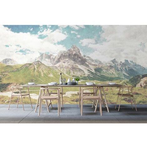 Papier peint panoramique pastel montagne pour escalier Tapisserie panoramique paysage vert & bleu salon Papier peint panoramique nature pour couloir
