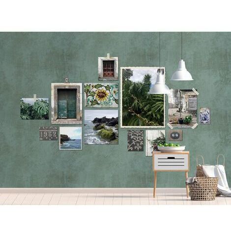 Papier peint panoramique patchwork tropical Tapisserie panoramique vert rétro avec collage photo Papier peint panoramique cuisine & escalier