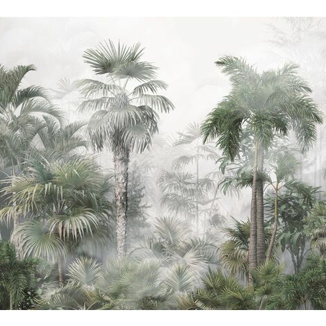 papier peint panoramique paysage tropical avec des palmiers vert foncé et gris  - Sanders & Sanders