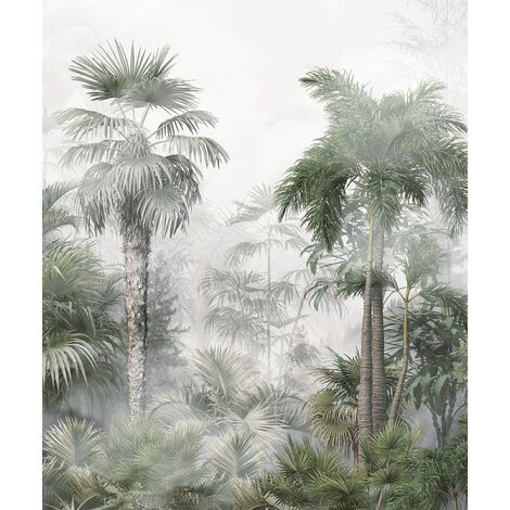 papier peint panoramique paysage tropical avec des palmiers vert foncé et gris  - Sanders & Sanders