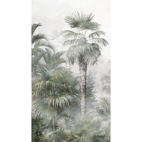 papier peint panoramique paysage tropical avec des palmiers vert foncé et gris  - Sanders & Sanders