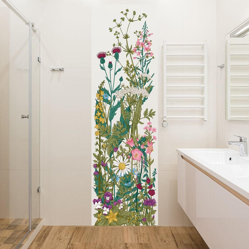 Papier peint intissé panoramique 250 cm x 75 cm, illustration d'une prairie sauvage, fleurs et herbes hautes.