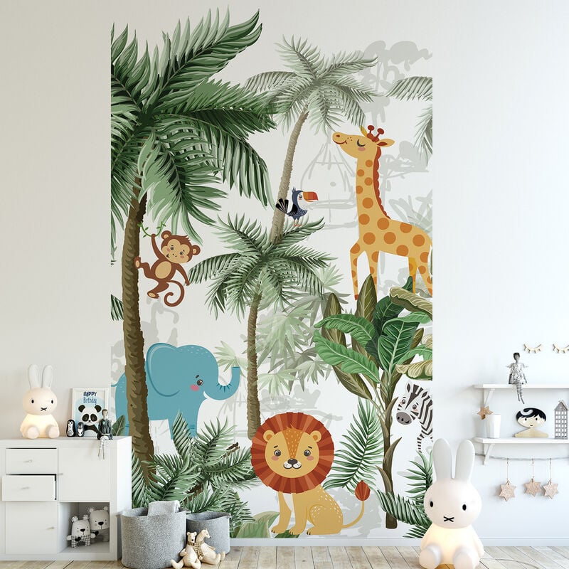 Papier peint intissé pour chambre d'enfant, 250 cm x 150 cm, illustration forêt tropicale, animaux de la jungle, panoramique.