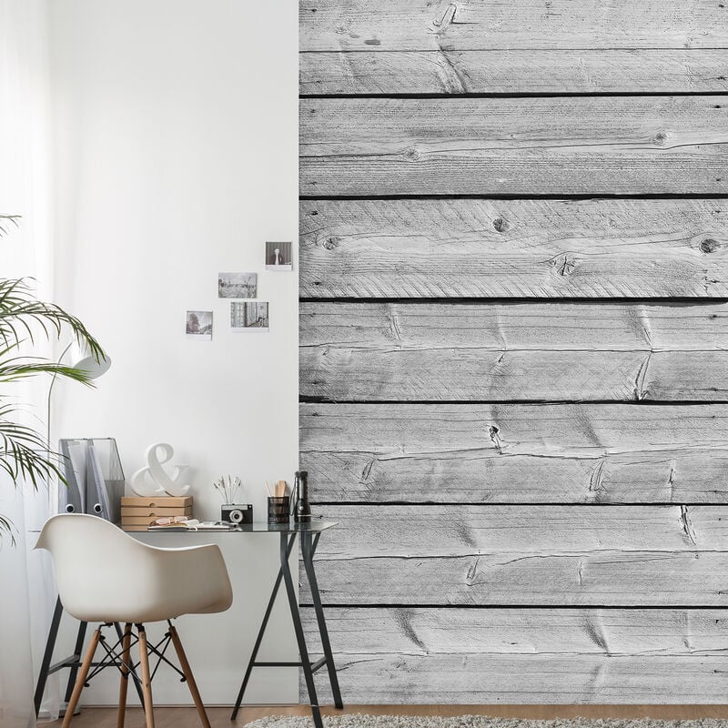 Papier peint intissé panoramique gris cabane jardin, 250 cm x 150 cm