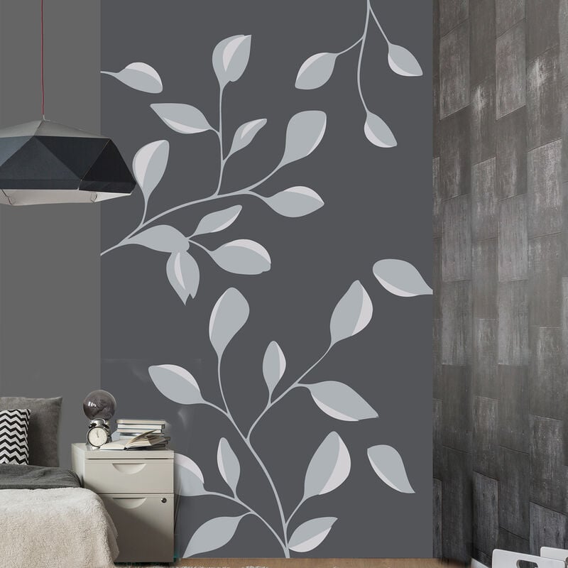 Papier peint intissé gris foncé, motif fleurs japonaises gris et blanc, 250 cm x 150 cm - Décoration murale intérieure