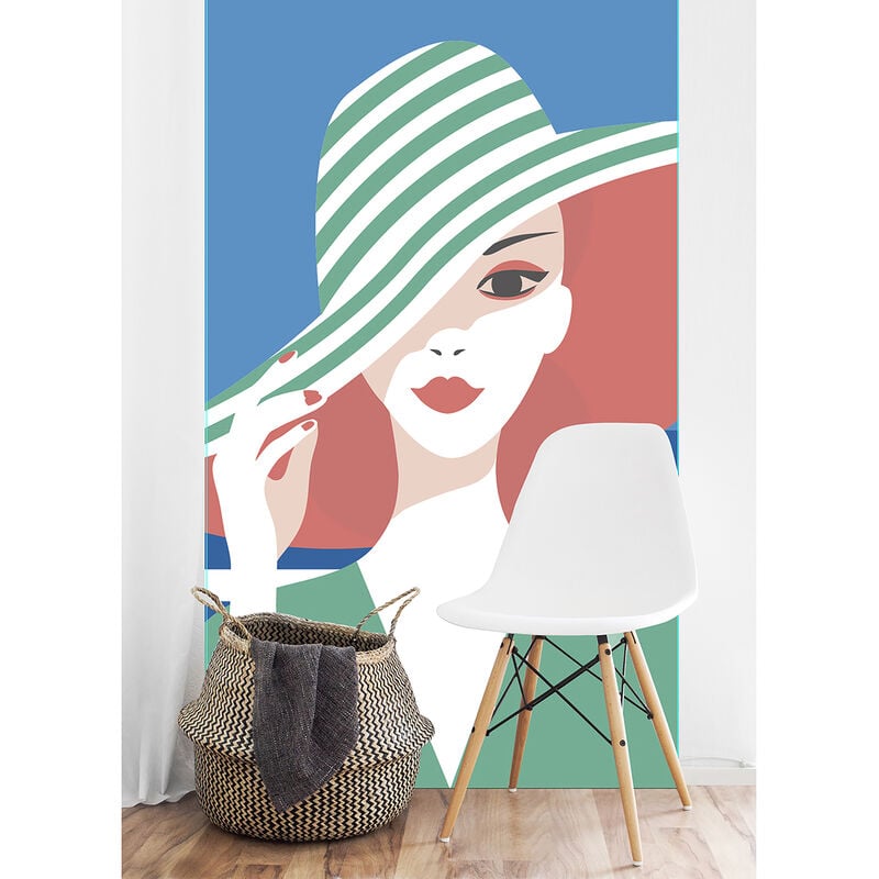 Papier peint intissé glamour, motif personne en tenue et chapeau vert, ciel bleu, 250 cm x 150 cm