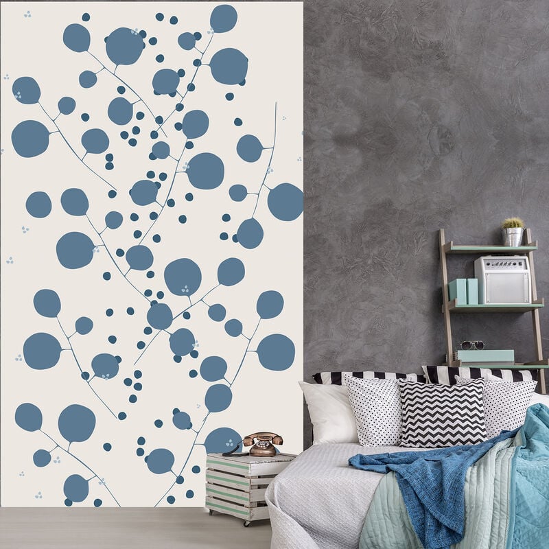 Papier peint intissé bleu, représentation géante de tige de coton, 250 cm X 150 cm, panoramique.