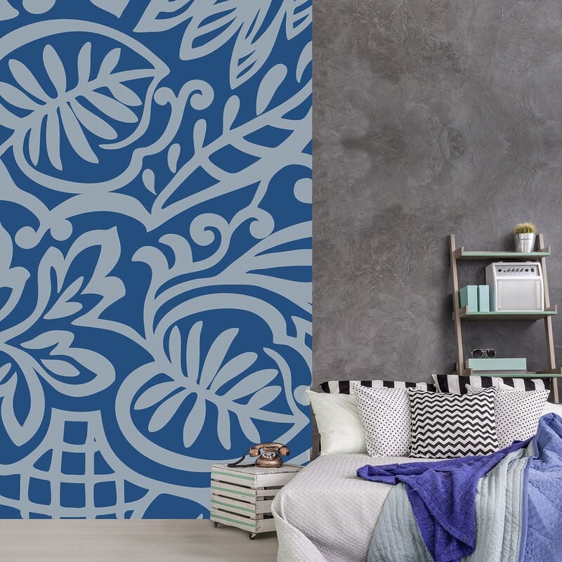 Papier peint intissé bleu, motif floral arabesque, 250 cm x 150 cm, fond foncé, panoramique