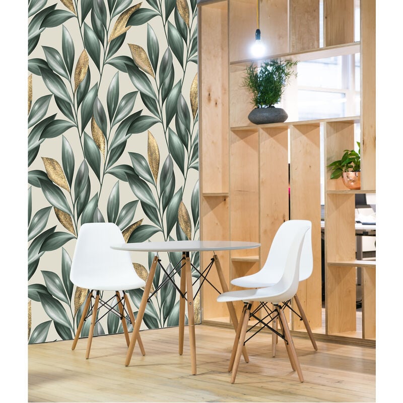 Papier peint intissé panoramique, motifs branches d'oliviers vertes et dorées sur fond beige, 250 cm x 150 cm.