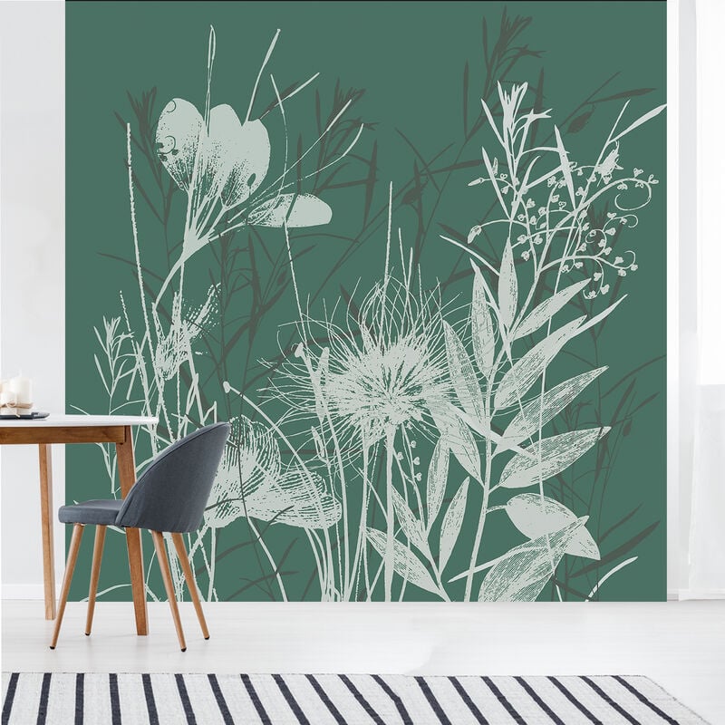 Papier peint intissé 250 cm x 250 cm, motifs prairie, illustration sur fond vert foncé
