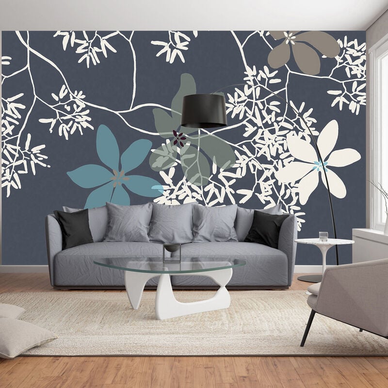 Papier peint intissé Nature Poétique, 250 cm x 270 cm, illustration fleurs et branches, couleurs bleu, gris et vert. Décorez votre intérieur style