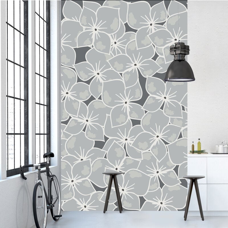 Papier peint intissé gris et fleurs grises, motif capucine, 250x150cm, pour décorer votre intérieur panoramique.
