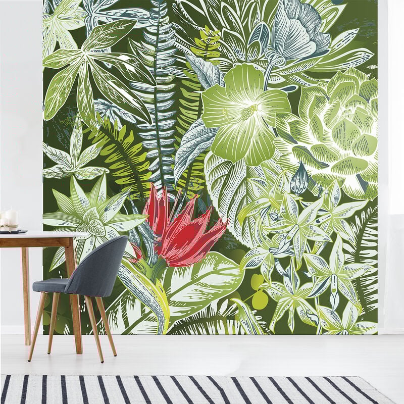 Papier peint intissé motif floral vert et rouge, feuillages et fleurs de la jungle tropicale, 250 cm x 250 cm, panoramique