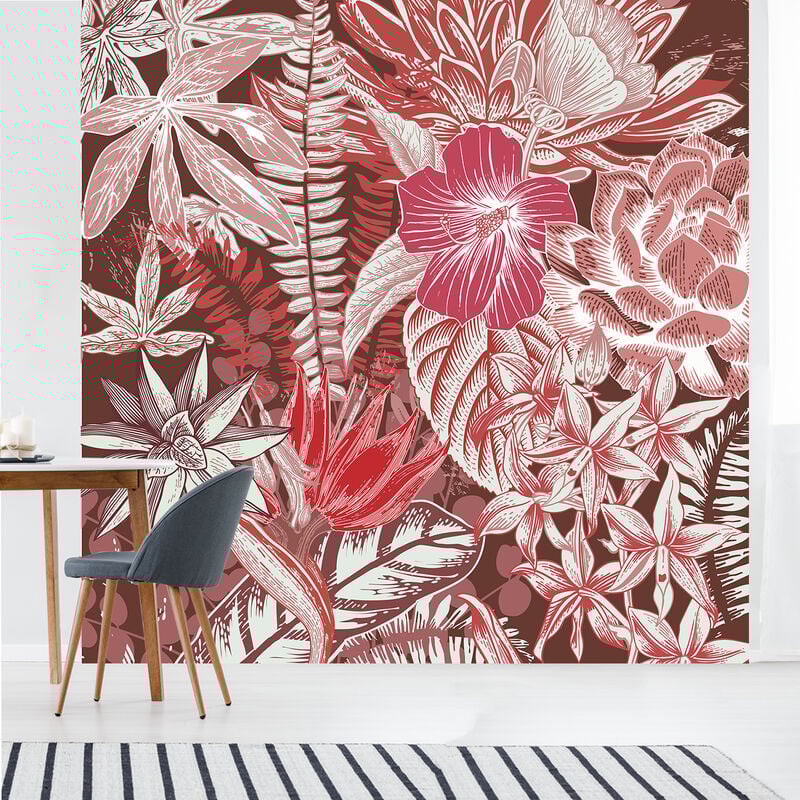 Papier peint intissé motif floral rouge, feuillages et fleurs de la jungle tropicale, 250 cm x 250 cm, panoramique