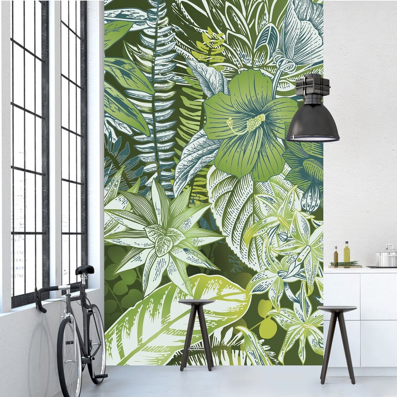Papier peint intissé panoramique, motif floral vert, fleurs et feuillages de la jungle tropicale, 250 cm x 150 cm.