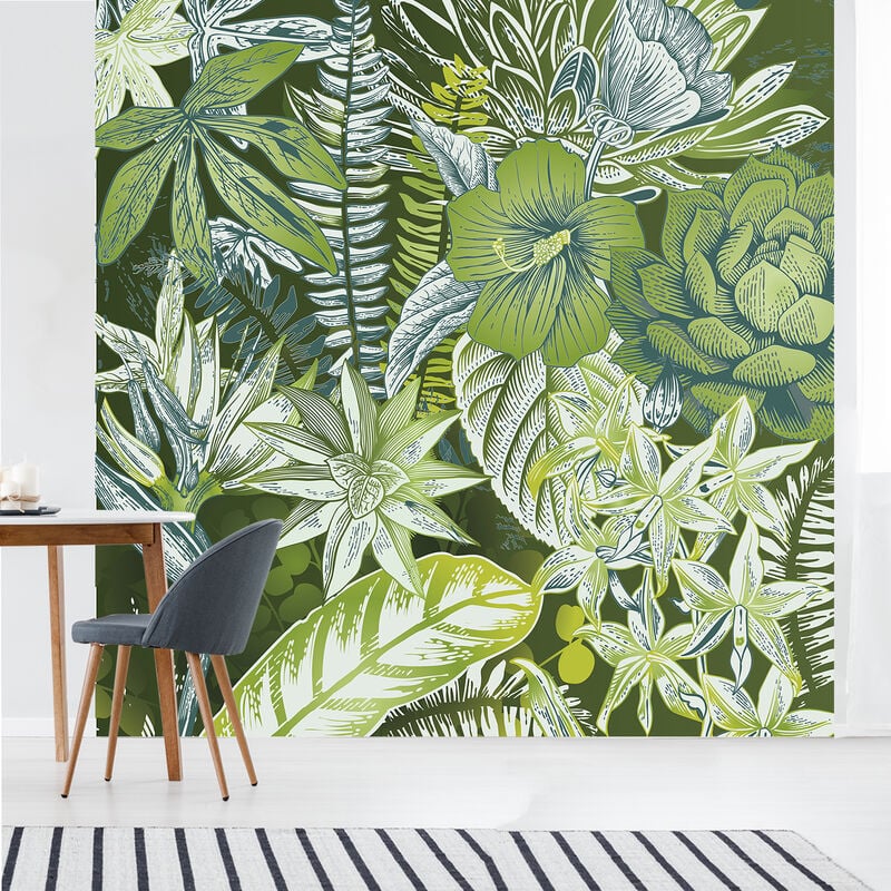 Papier peint intissé motif floral vert, feuillages et fleurs de la jungle tropicale, 250 cm x 250 cm, panoramique