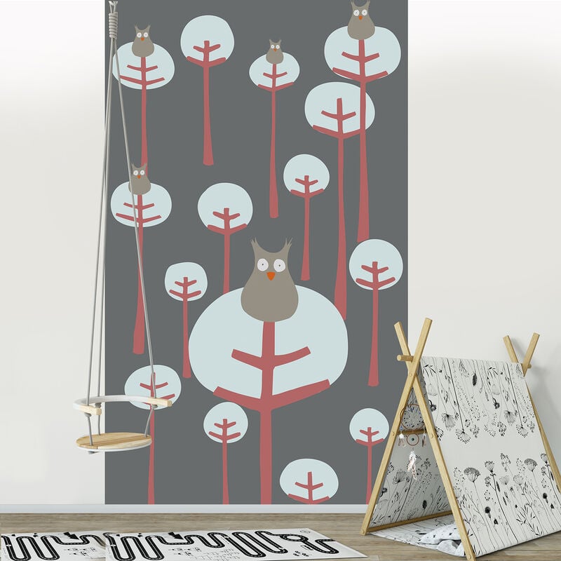 Papier peint intissé 250x150cm, Chouette forêt arbre gris, Décoration murale panoramique pour chambre enfant.